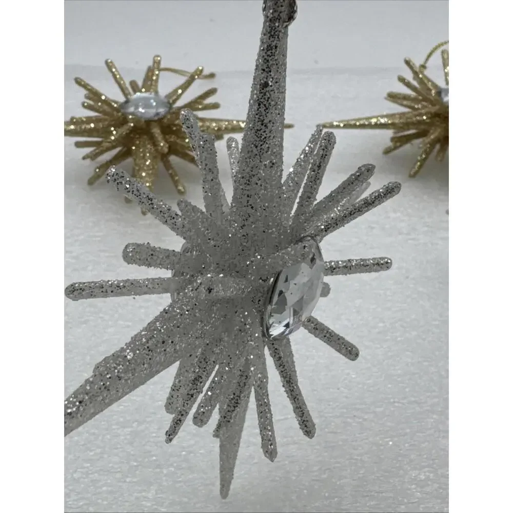 Set Of 4 Z Gallerie Diamond Eye Star Glitter 4.7” Ornaments 2 Silver 2 Gold 3D